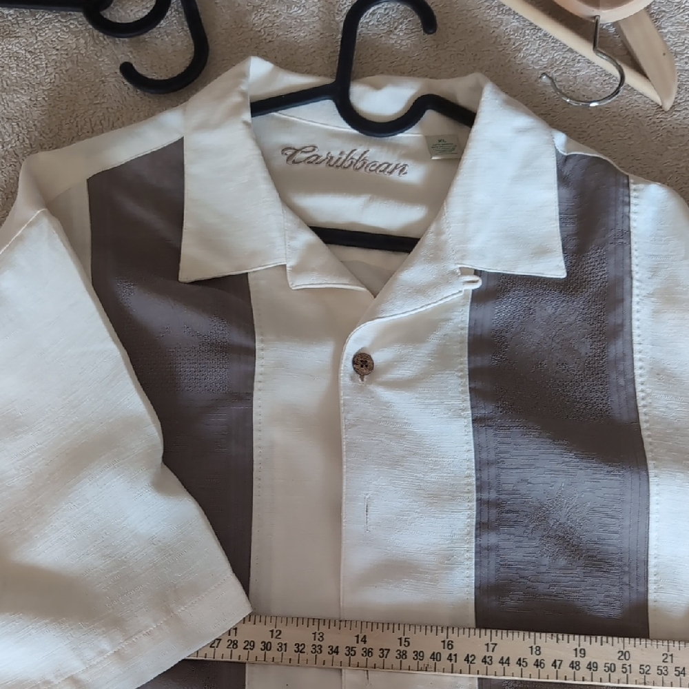Caribbean Casual Button Down White and Brown Shirt